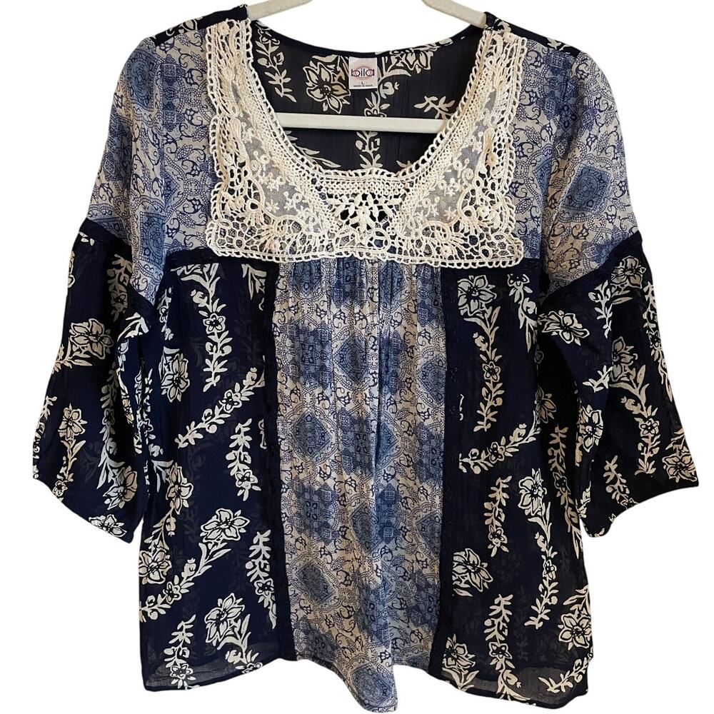 Bila Top Peasant Crochet Lace 3/4 Sleeves Sz L Blue White Floral Boho Pullover